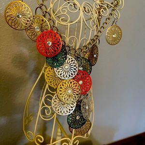 Gold toned chain colorful necklace with matching earrings